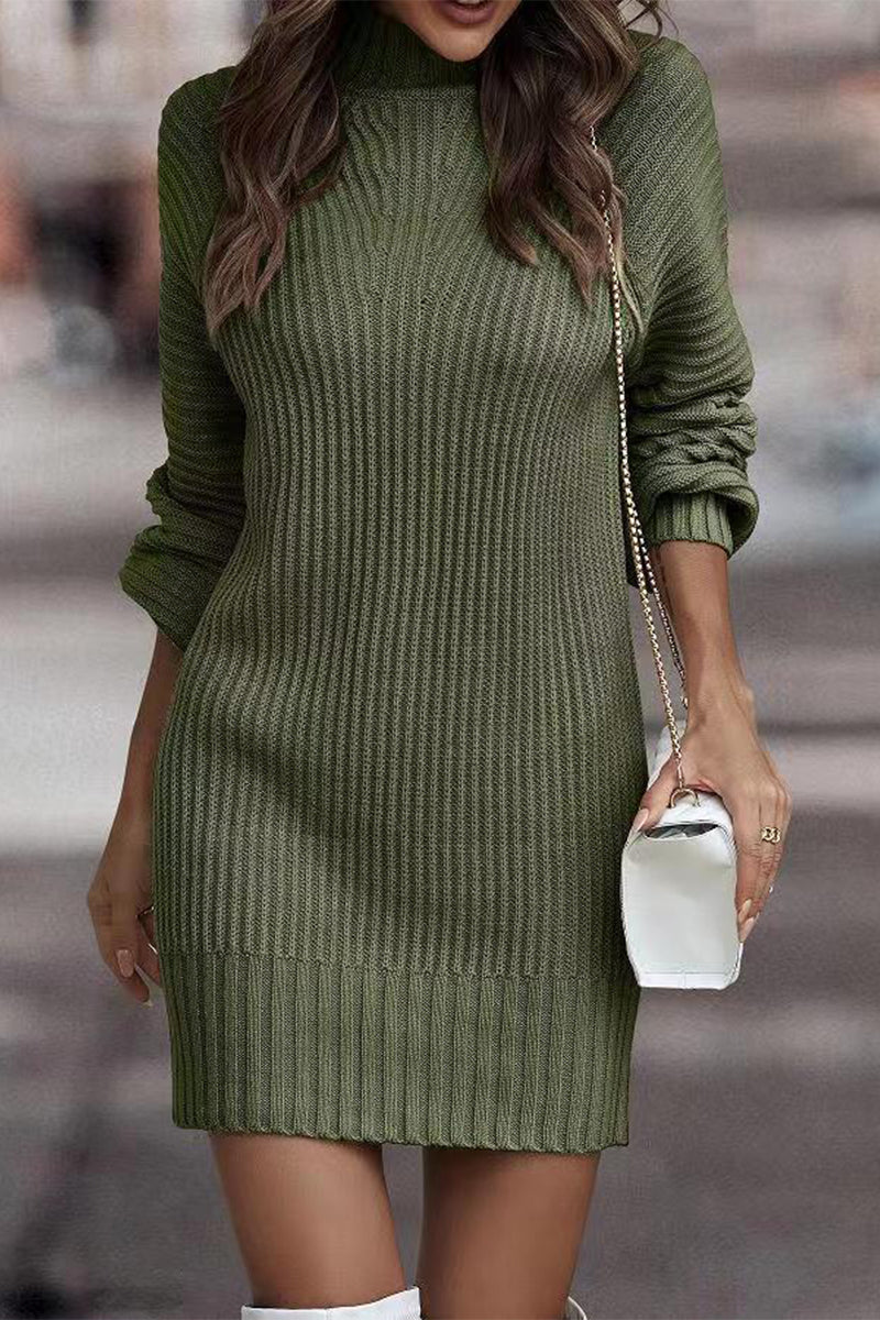 Casual Solid Patchwork Turtleneck One Step Skirt Dresses Army Green