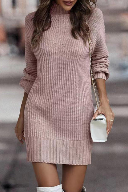 Casual Solid Patchwork Turtleneck One Step Skirt Dresses Pink