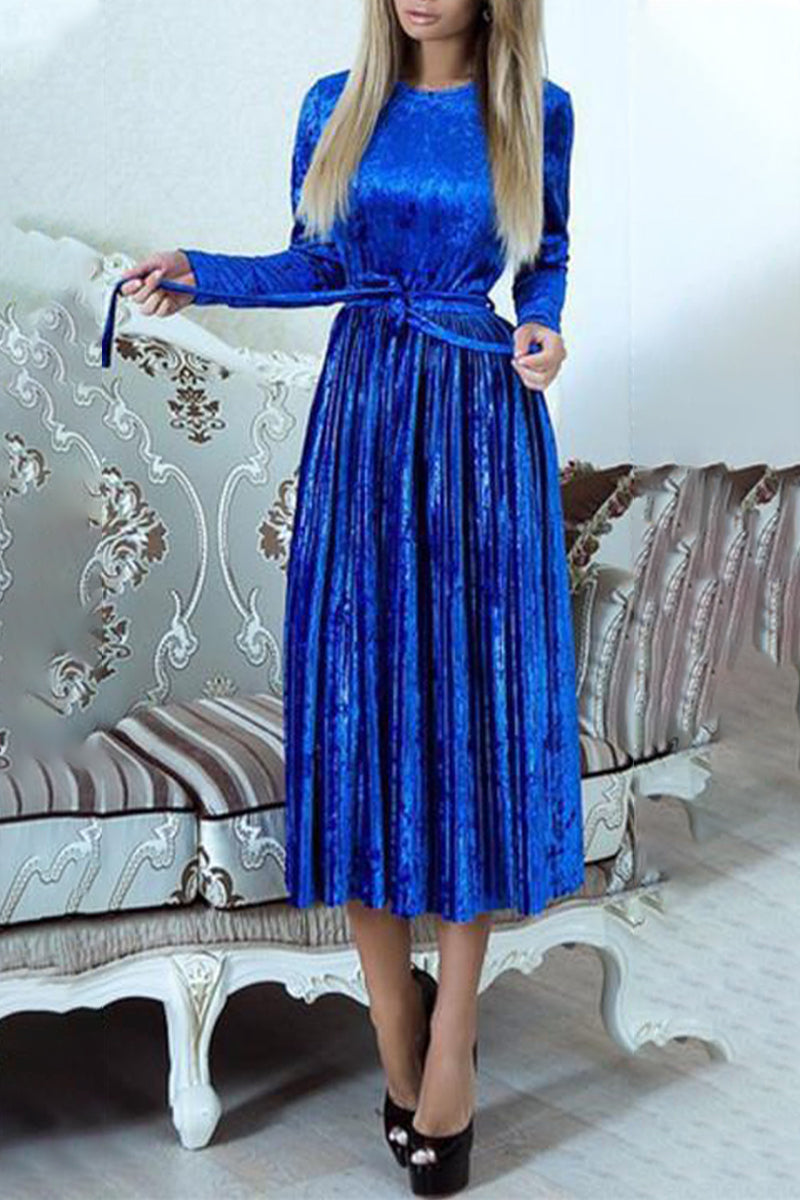 Solid Frenulum O Neck Pleated Dresses Blue