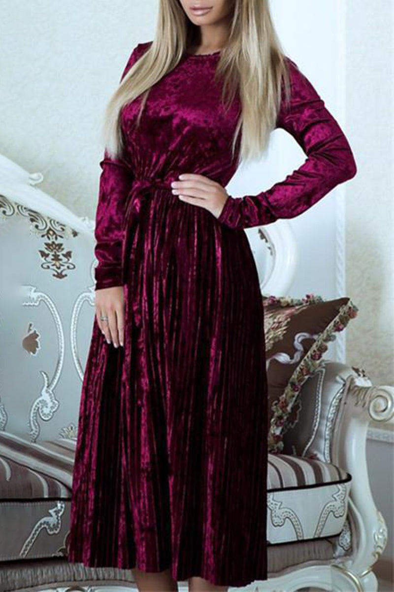 Solid Frenulum O Neck Pleated Dresses Burgundy