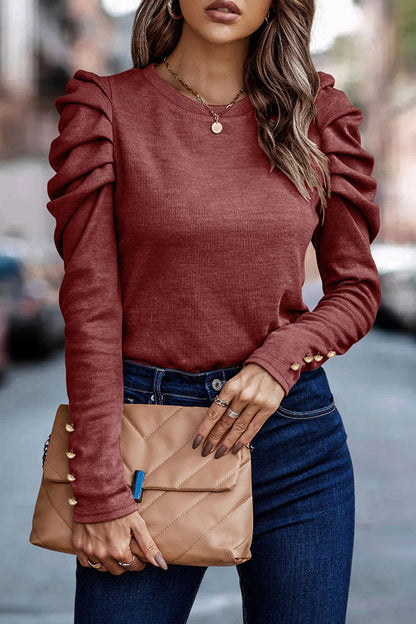 Casual Solid Fold O Neck Tops(5 Colors) Burgundy