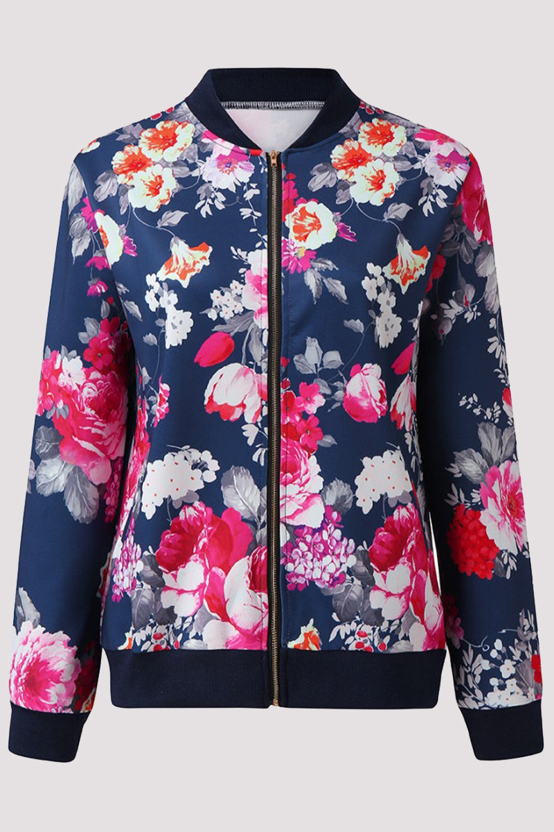 Casual Floral Patchwork O Neck Outerwear Blue