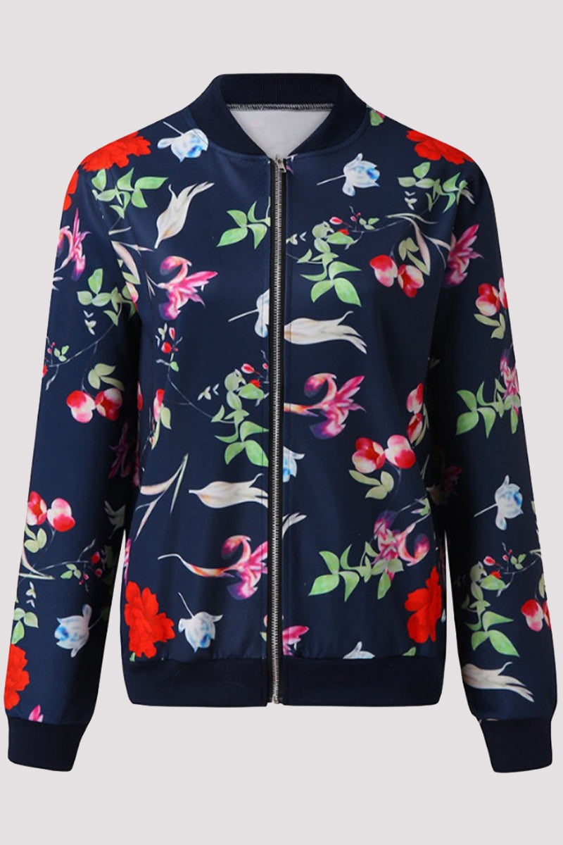 Casual Floral Patchwork O Neck Outerwear Blue Black