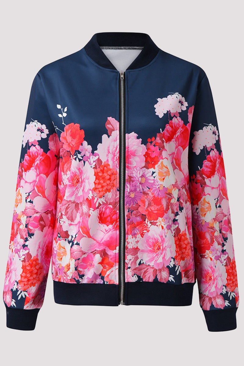 Casual Floral Patchwork O Neck Outerwear Pink