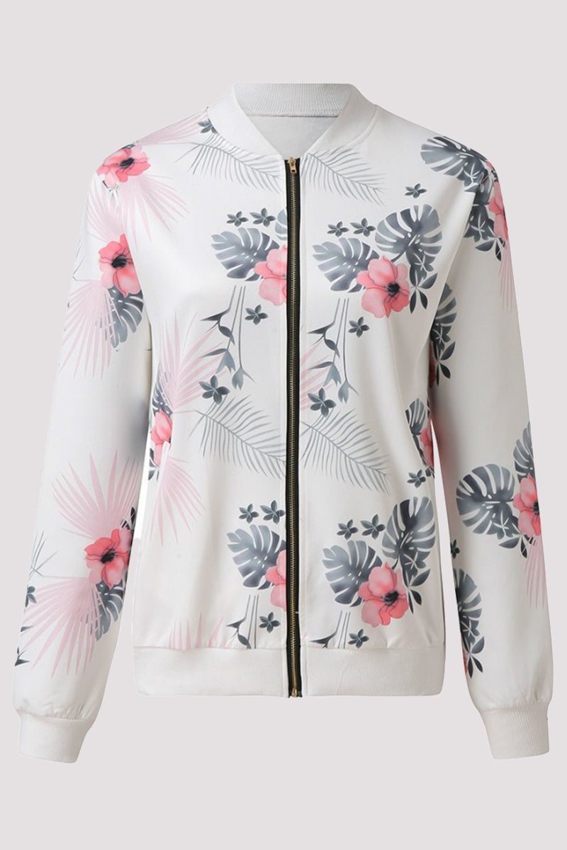 Casual Floral Patchwork O Neck Outerwear White Pink