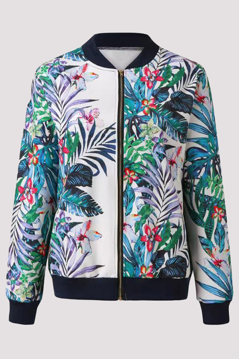 Casual Floral Patchwork O Neck Outerwear White Green