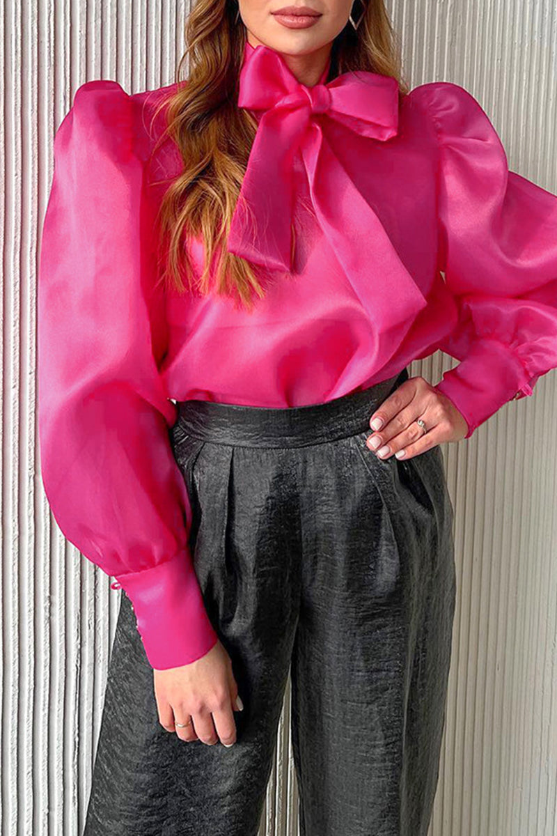 Sexy Solid See-through With Bow Half A Turtleneck Tops Pink