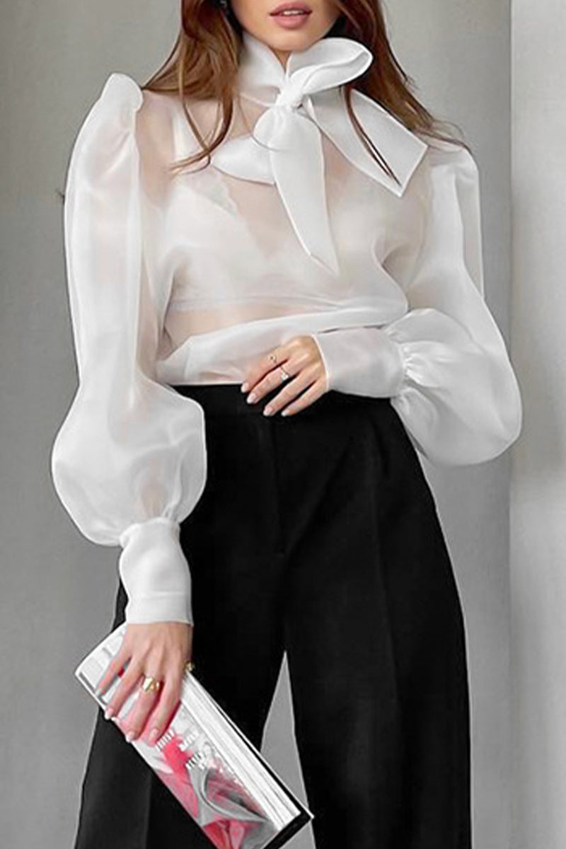 Sexy Solid See-through With Bow Half A Turtleneck Tops White