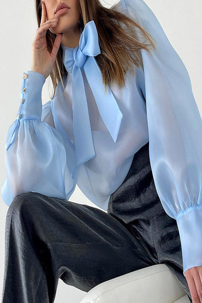 Sexy Solid See-through With Bow Half A Turtleneck Tops Blue