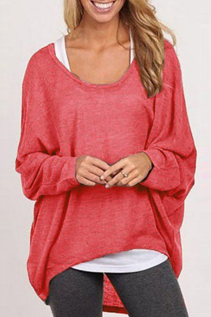 Casual Solid Patchwork O Neck Tops Red