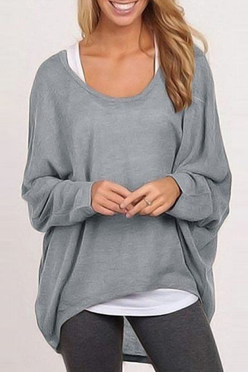 Casual Solid Patchwork O Neck Tops Grey