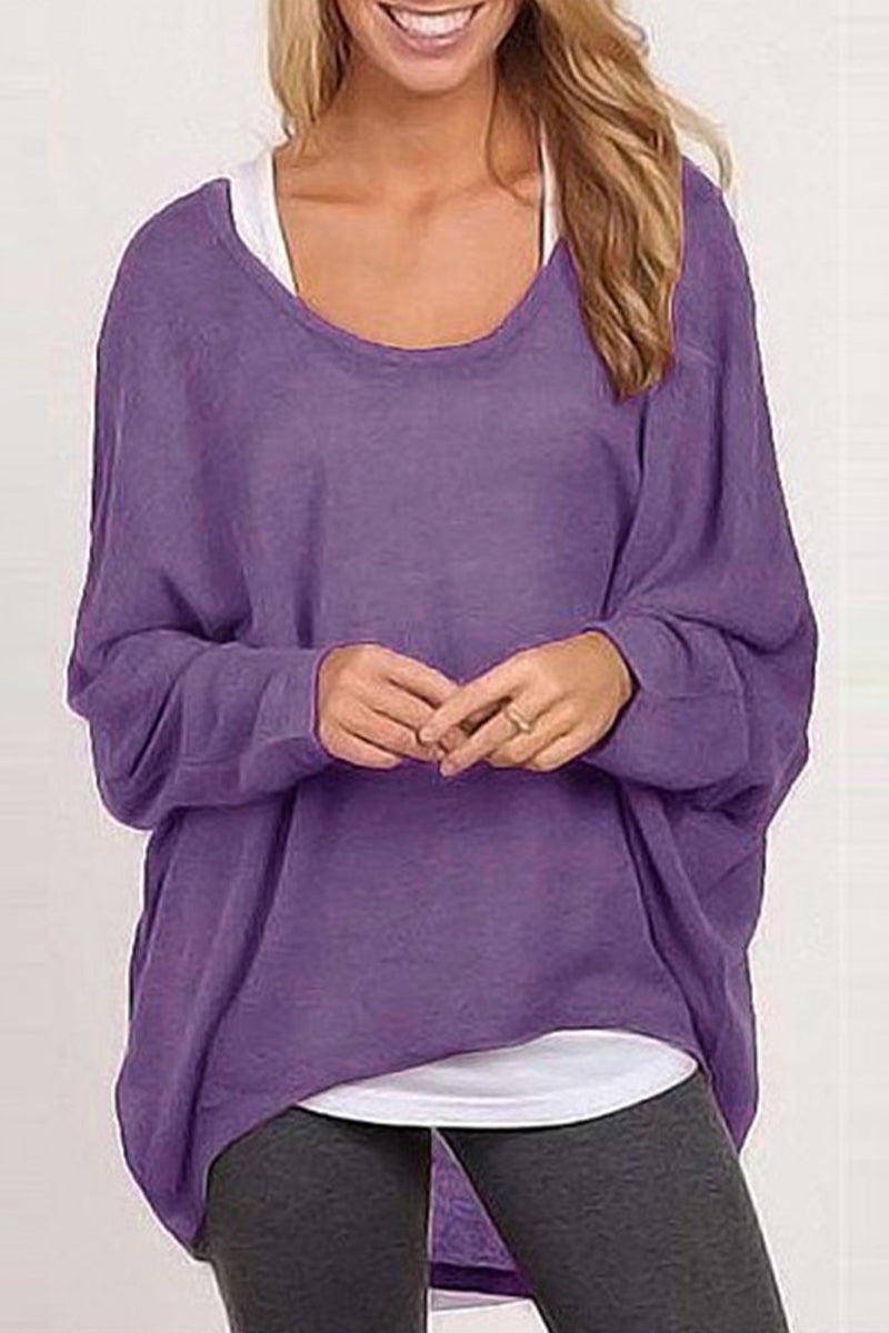 Casual Solid Patchwork O Neck Tops Purple