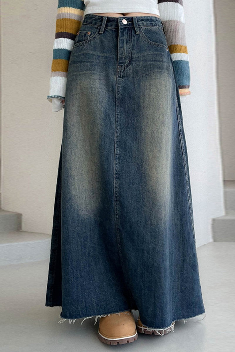 Casual Solid Patchwork High Waist Regular Denim Skirts Blue