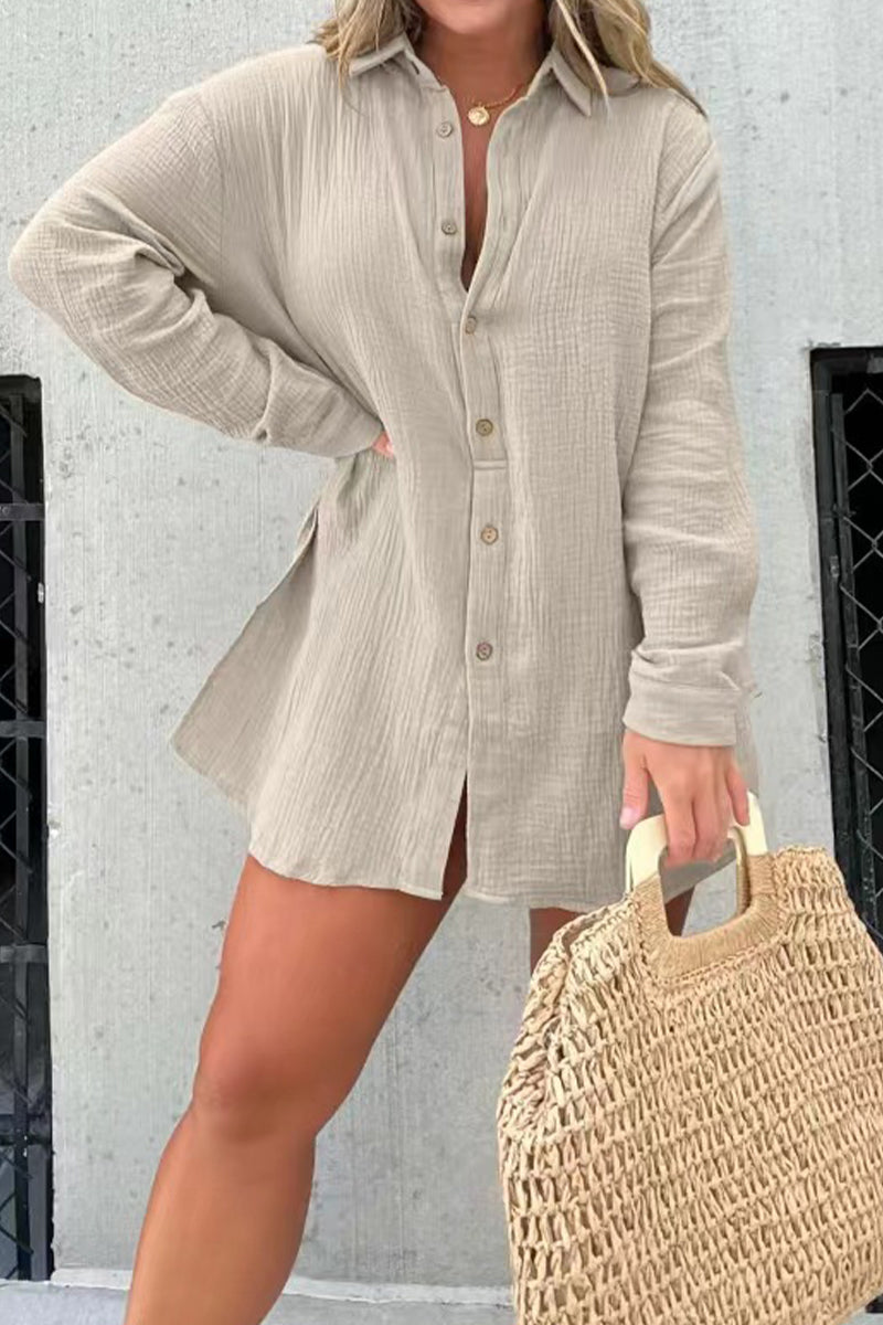 Casual Solid Patchwork Turndown Collar Long Sleeve Two Pieces Grey