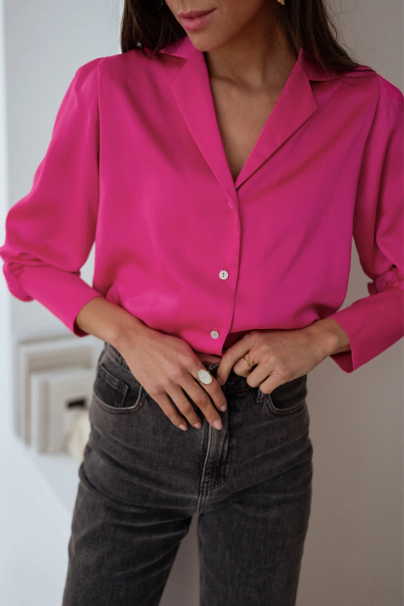 Elegant Solid Turndown Collar Tops Rose Red