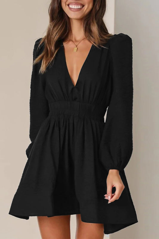 Casual Solid Fold V Neck Pleated Dresses Black