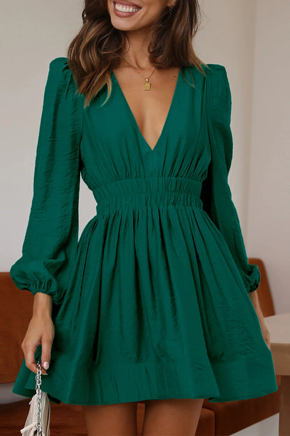 Casual Solid Fold V Neck Pleated Dresses Green