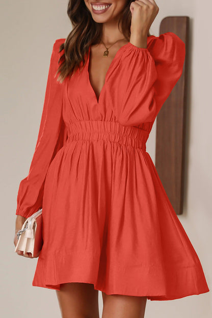 Casual Solid Fold V Neck Pleated Dresses Tangerine Red