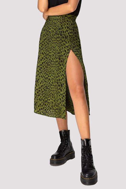 Elegant Print Slit Regular High Waist Type A Full Print Bottoms Green