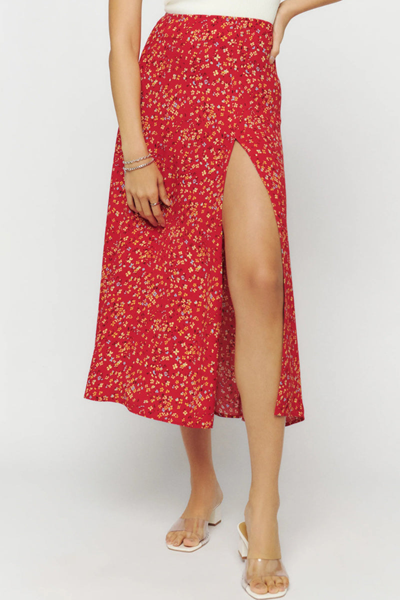 Elegant Print Slit Regular High Waist Type A Full Print Bottoms Deep Red