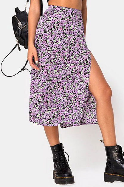 Elegant Print Slit Regular High Waist Type A Full Print Bottoms Purple