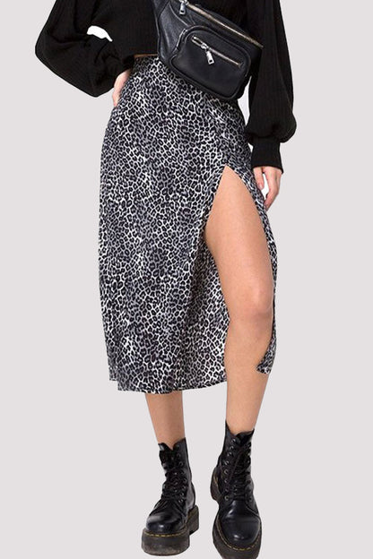 Elegant Print Slit Regular High Waist Type A Full Print Bottoms Leopard Print