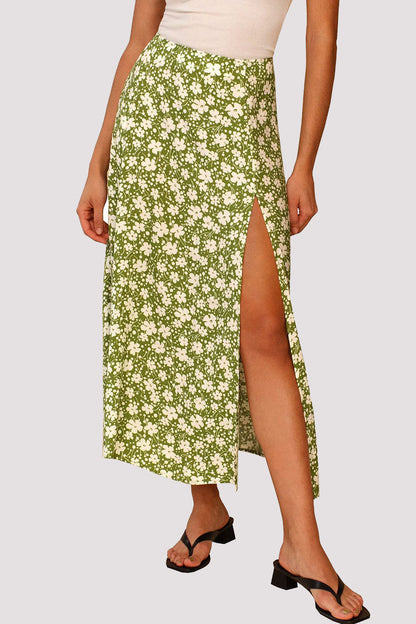 Elegant Print Slit Regular High Waist Type A Full Print Bottoms Fruit Green