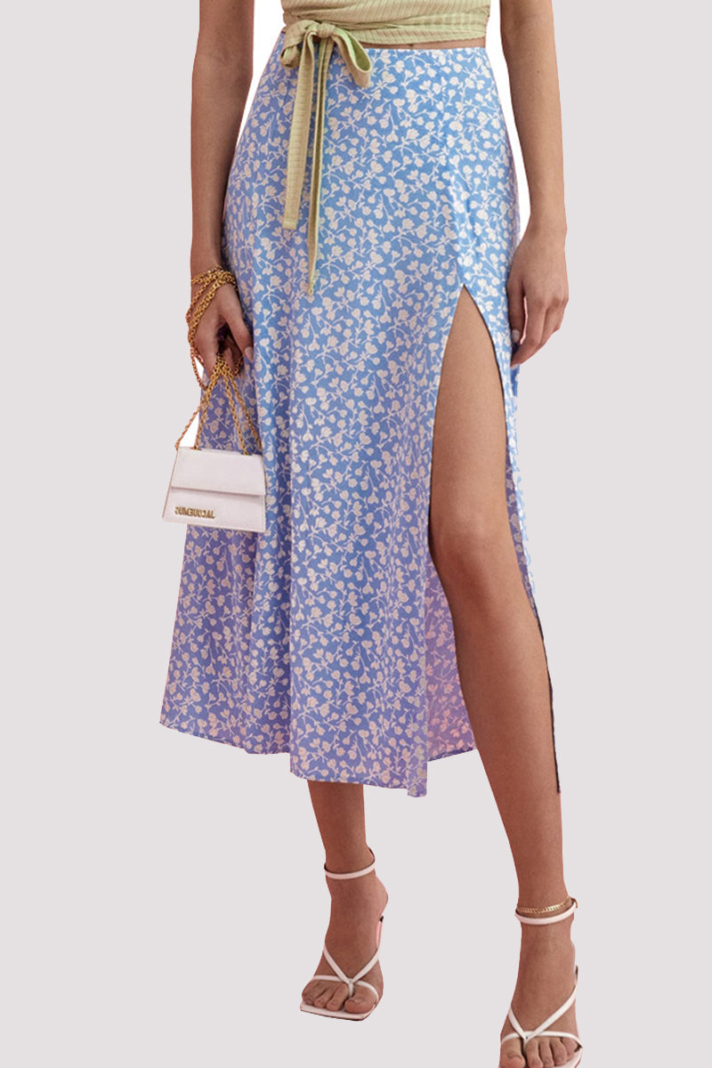 Elegant Print Slit Regular High Waist Type A Full Print Bottoms Baby Blue