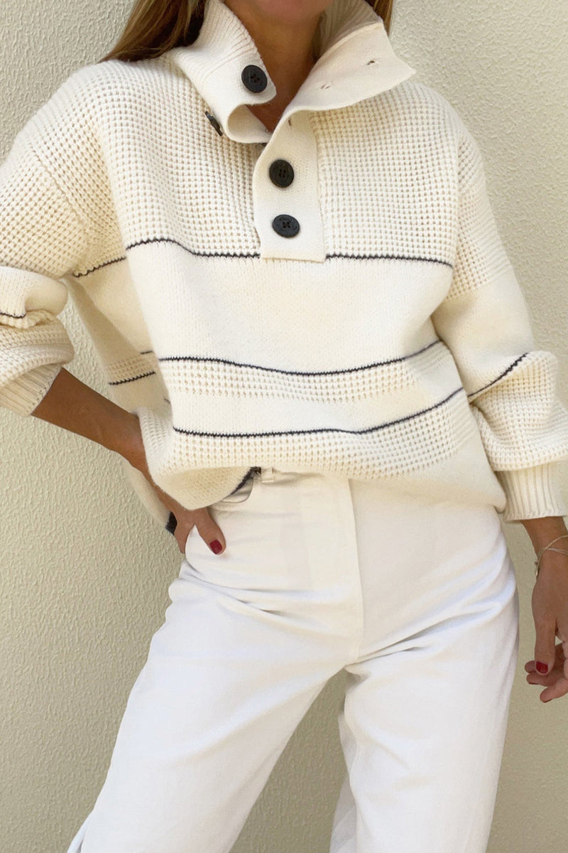 Casual Striped Patchwork Contrast Turtleneck Tops Milky