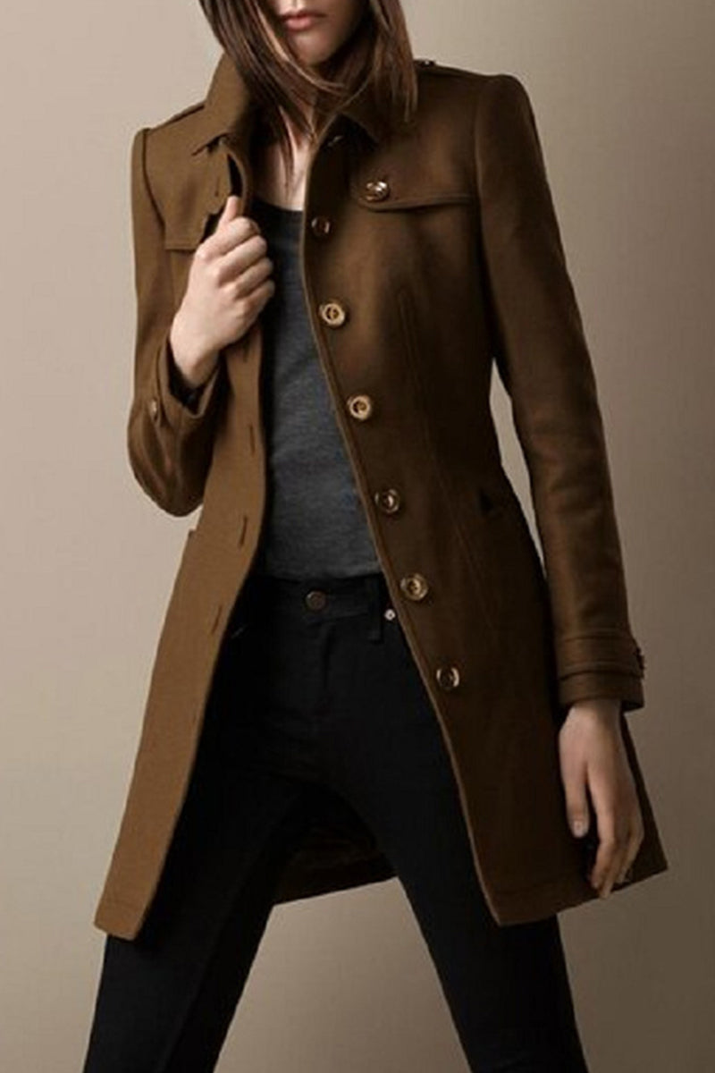 Elegant Solid Patchwork Turndown Collar Outerwear Brown