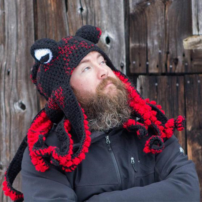 Octopus Knit Hats Black Red One Size