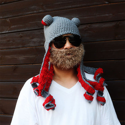 Octopus Knit Hats Grey Red One Size