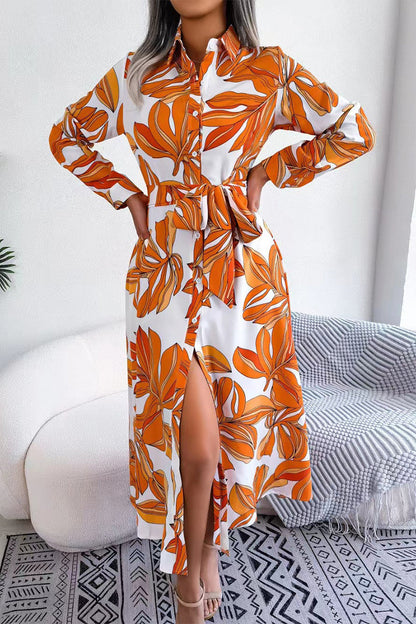 Elegant Floral Patchwork Turndown Collar A Line Dresses Orange