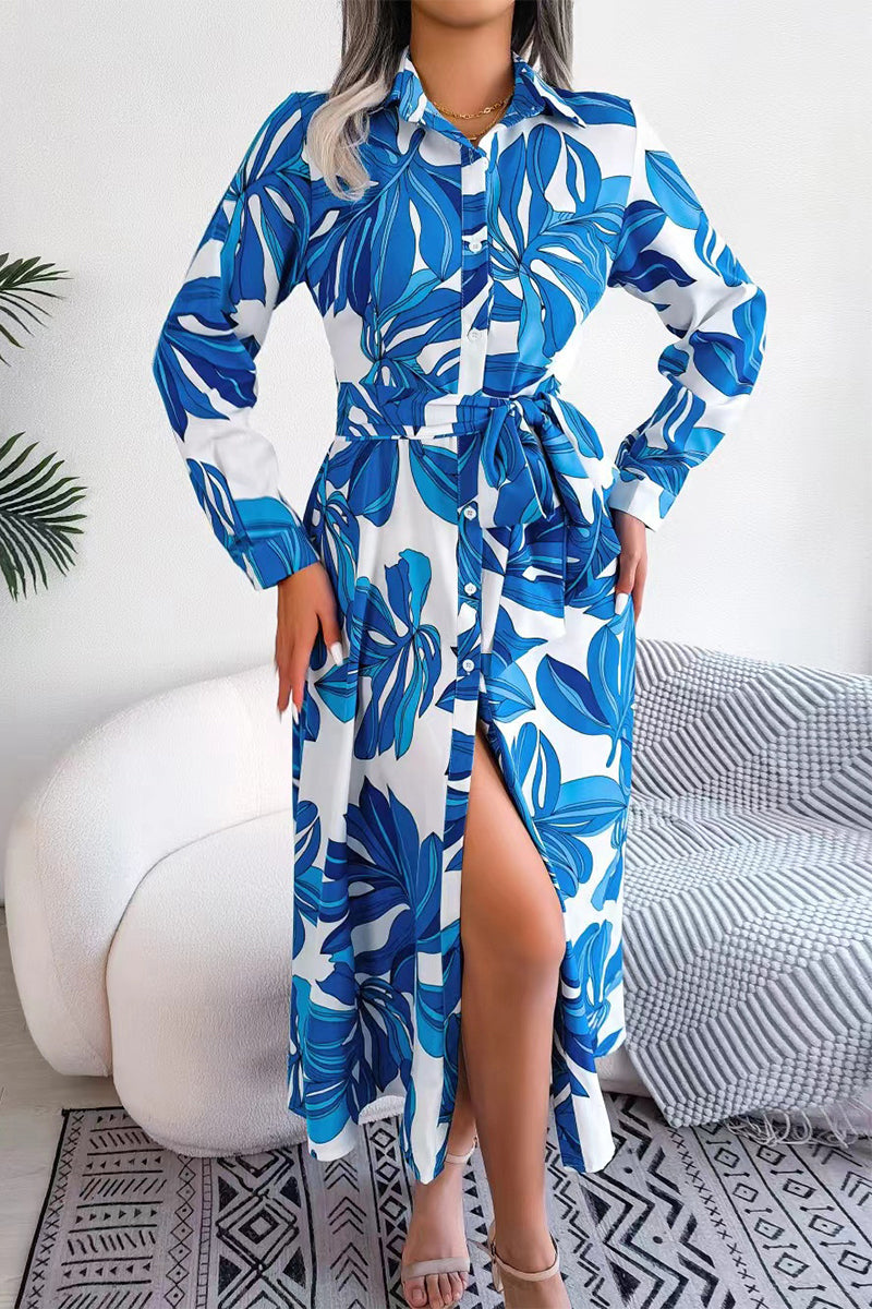 Elegant Floral Patchwork Turndown Collar A Line Dresses