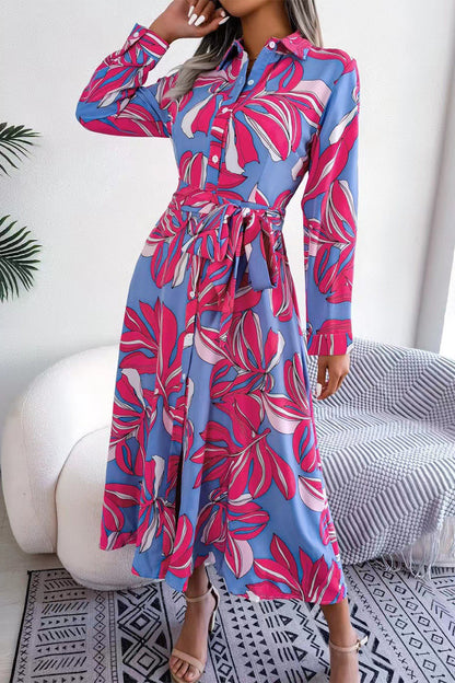 Elegant Floral Patchwork Turndown Collar A Line Dresses