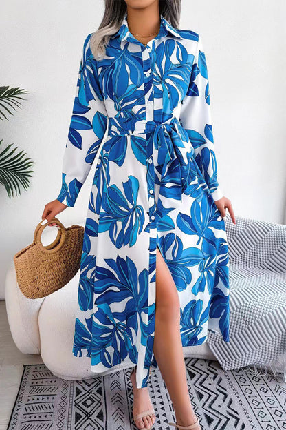 Elegant Floral Patchwork Turndown Collar A Line Dresses Blue