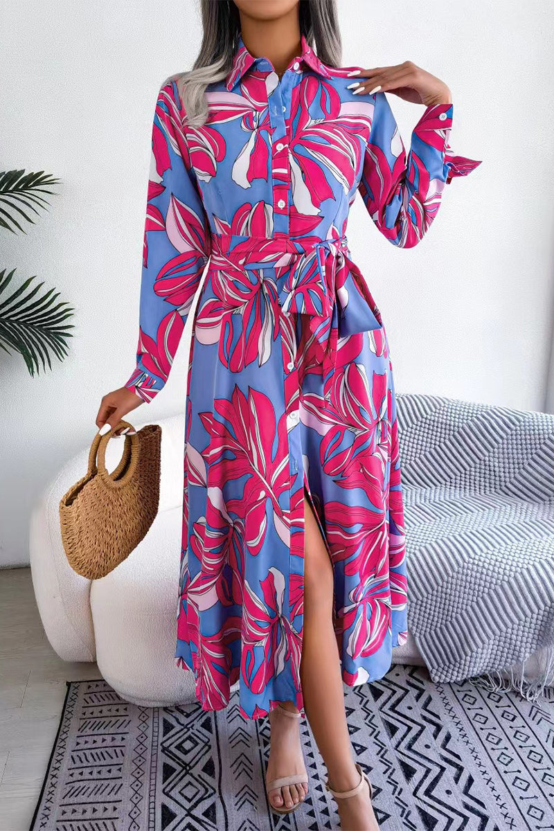 Elegant Floral Patchwork Turndown Collar A Line Dresses Purple