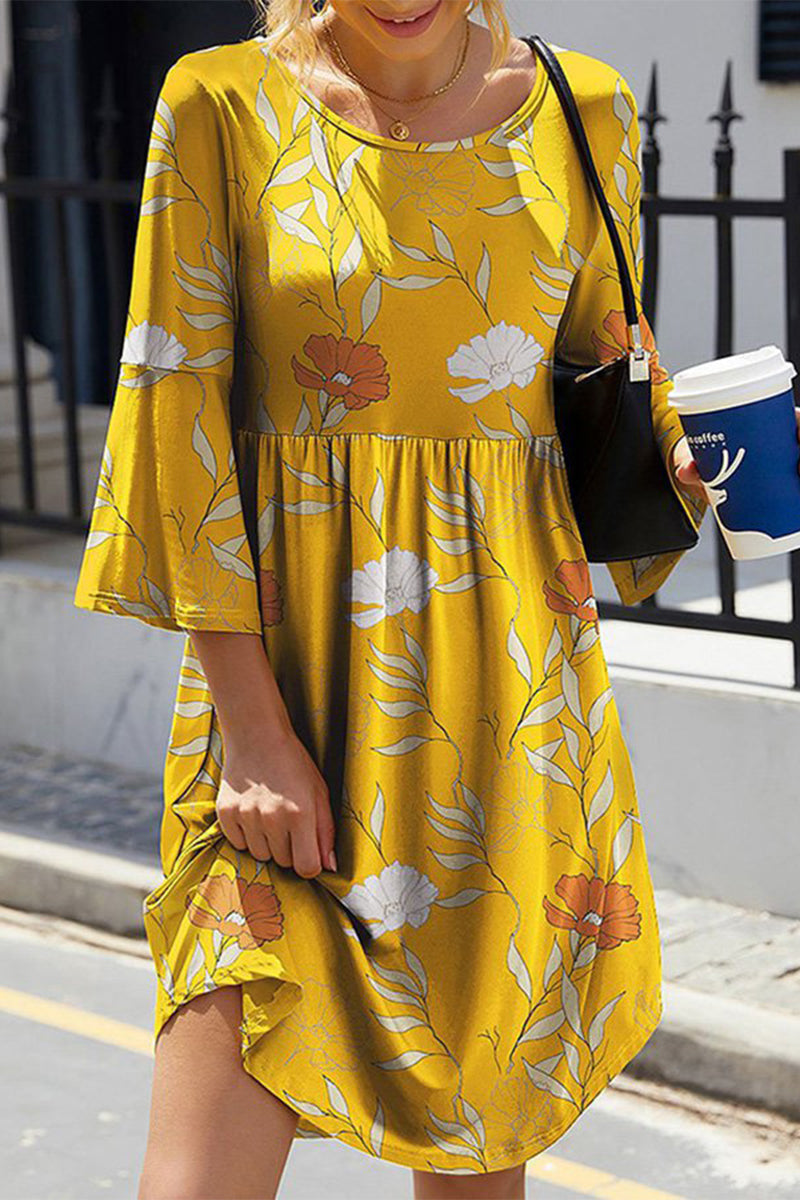 Elegant Not Positioning Printed Fold O Neck A Line Dresses Yellow