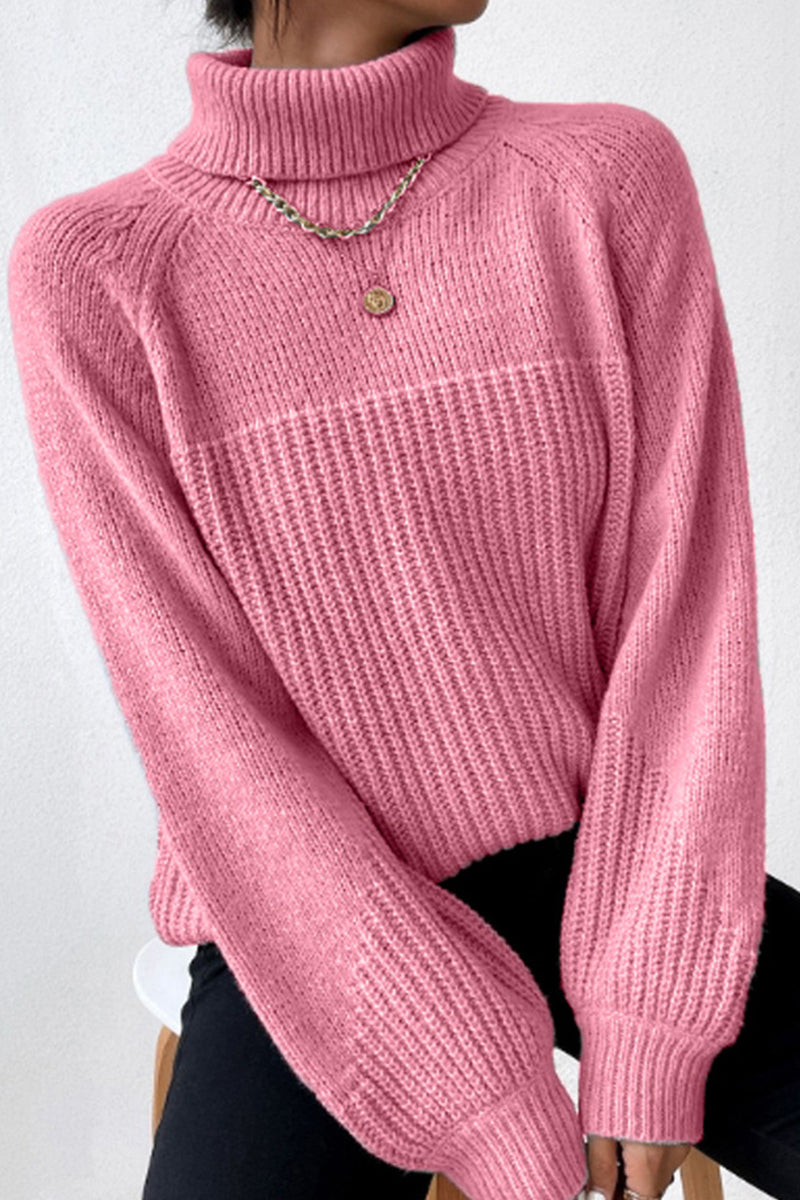 Casual Solid Patchwork Turtleneck Tops Pink