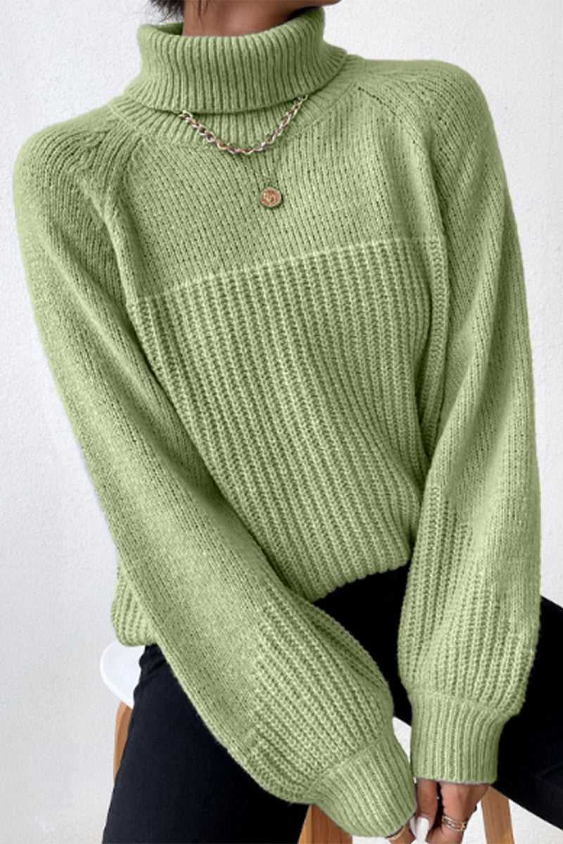 Casual Solid Patchwork Turtleneck Tops Grass Green