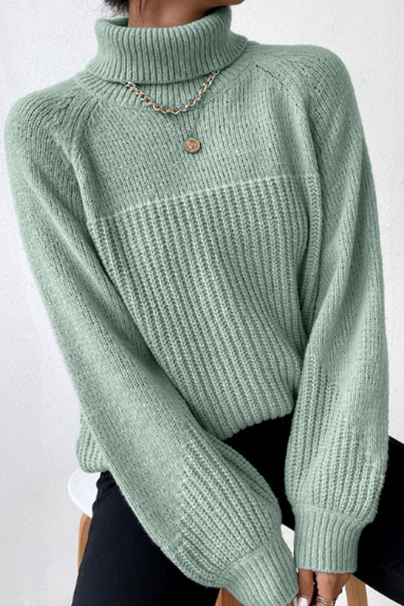 Casual Solid Patchwork Turtleneck Tops Light Green