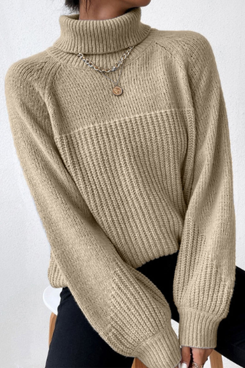 Casual Solid Patchwork Turtleneck Tops Khaki