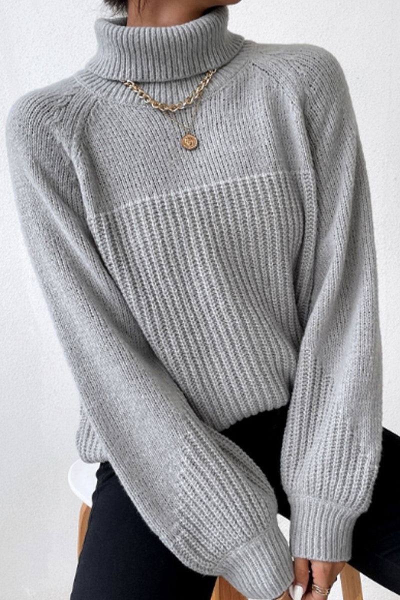 Casual Solid Patchwork Turtleneck Tops Grey