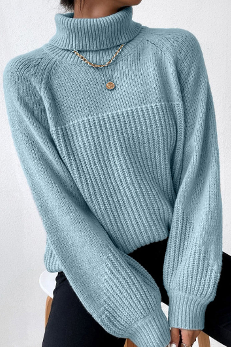 Casual Solid Patchwork Turtleneck Tops Sky Blue