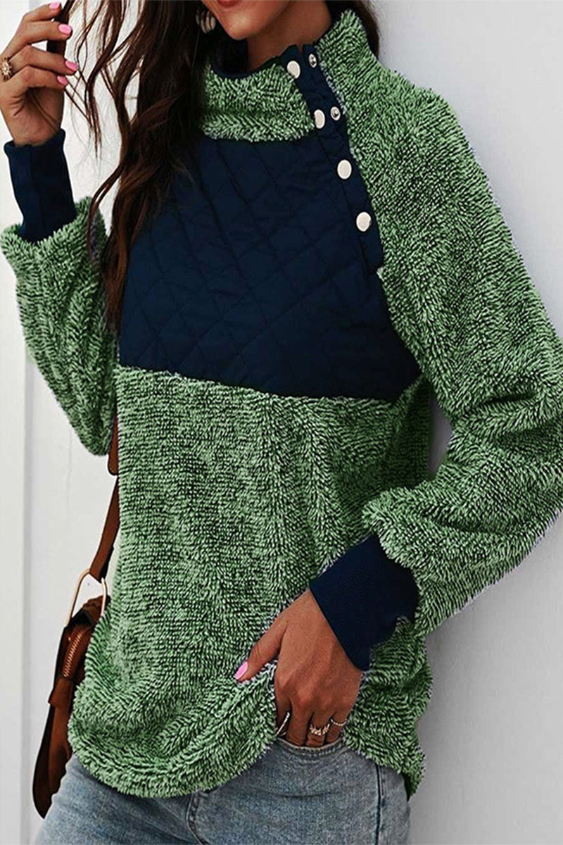 Casual Patchwork Contrast Turtleneck Tops Green