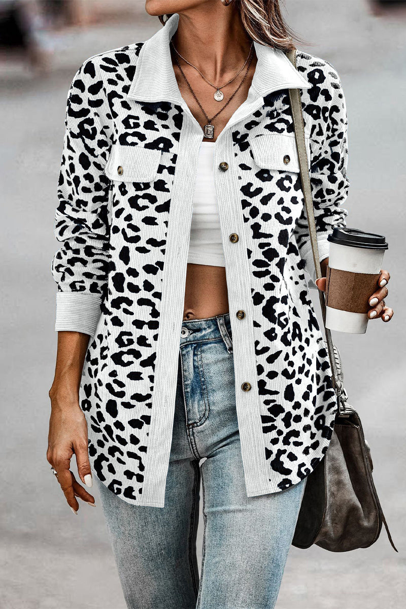 Casual Sweet Leopard Pocket Turndown Collar Tops White