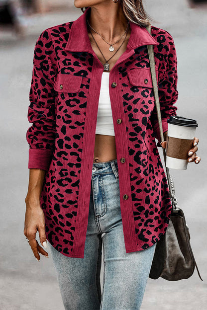 Casual Sweet Leopard Pocket Turndown Collar Tops Deep Red