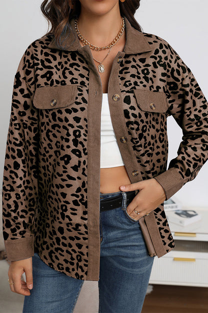 Casual Sweet Leopard Pocket Turndown Collar Tops Brown