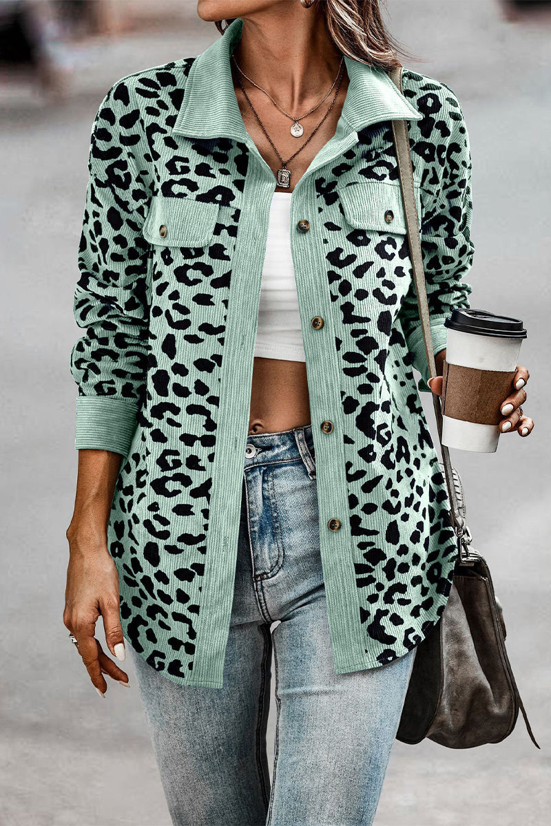 Casual Sweet Leopard Pocket Turndown Collar Tops Mint green