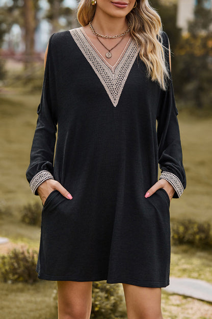 Casual Solid Lace V Neck A Line Dresses Black